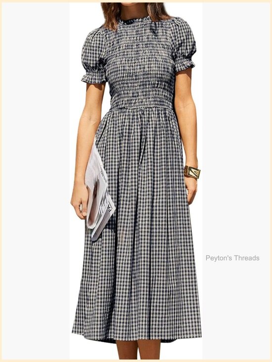 Dresses & Skirts - Women Cotton Smocked Midi Dress with Puff Sleeves Round Neck